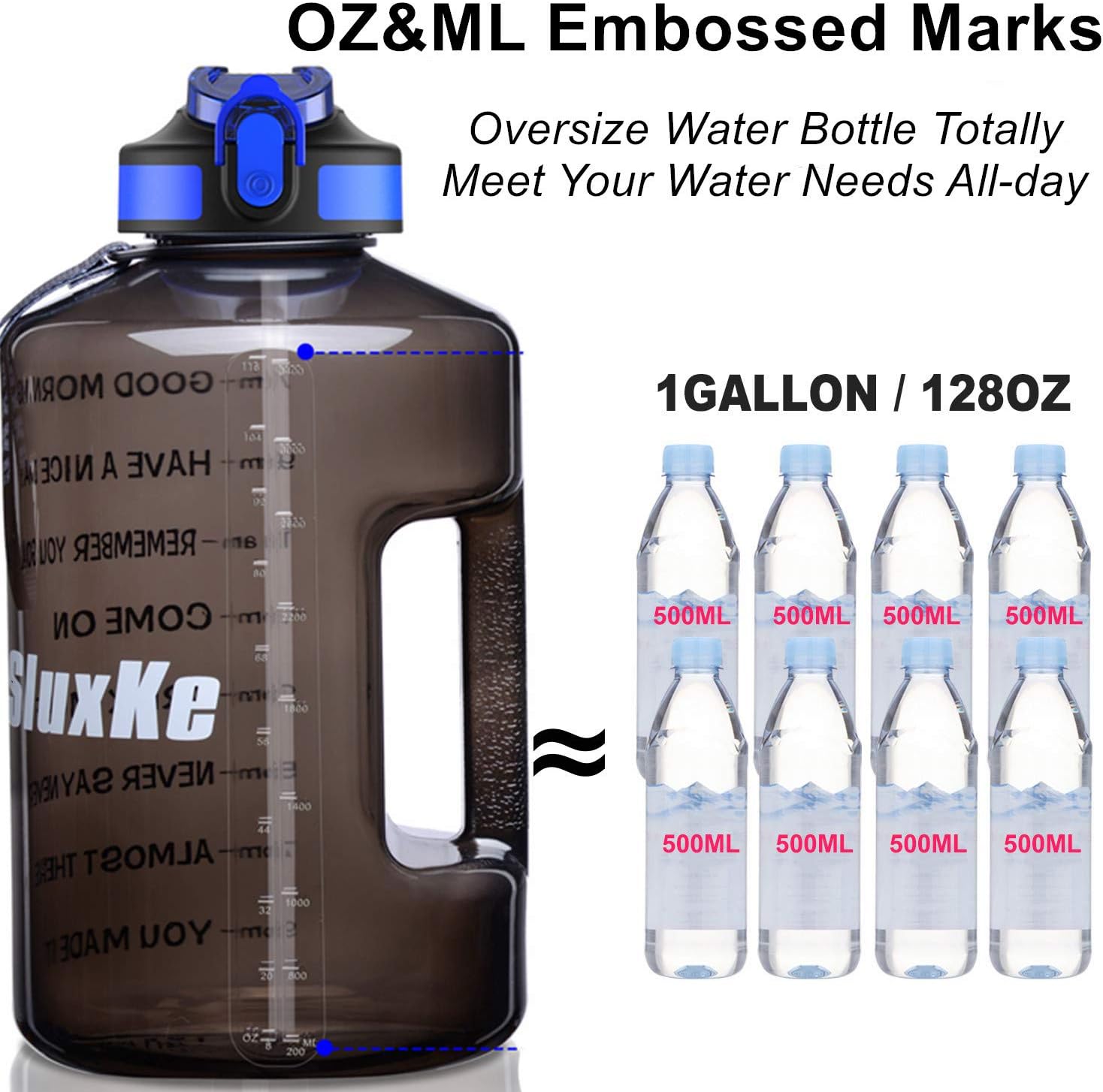 1 Gallon Motivational Sports Water Bottle with Time Marker, BPA Free 128oz Leak Proof Jug, Black, Plastic, 128