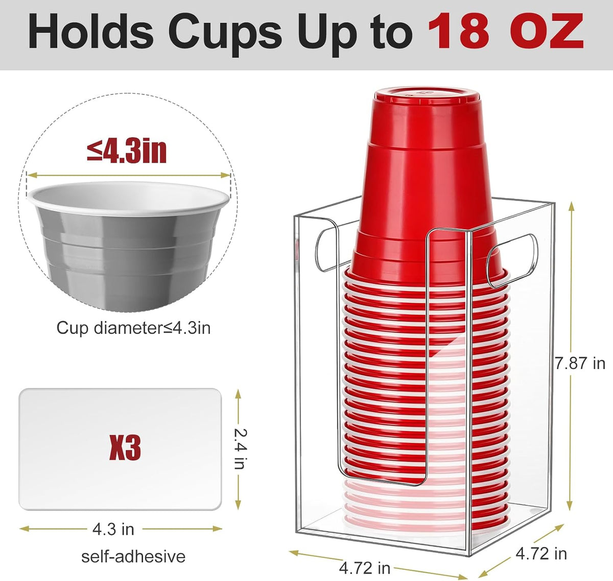 Cup Dispenser, Wall Mount Cup Holder Fits Cups Up to 18 oz