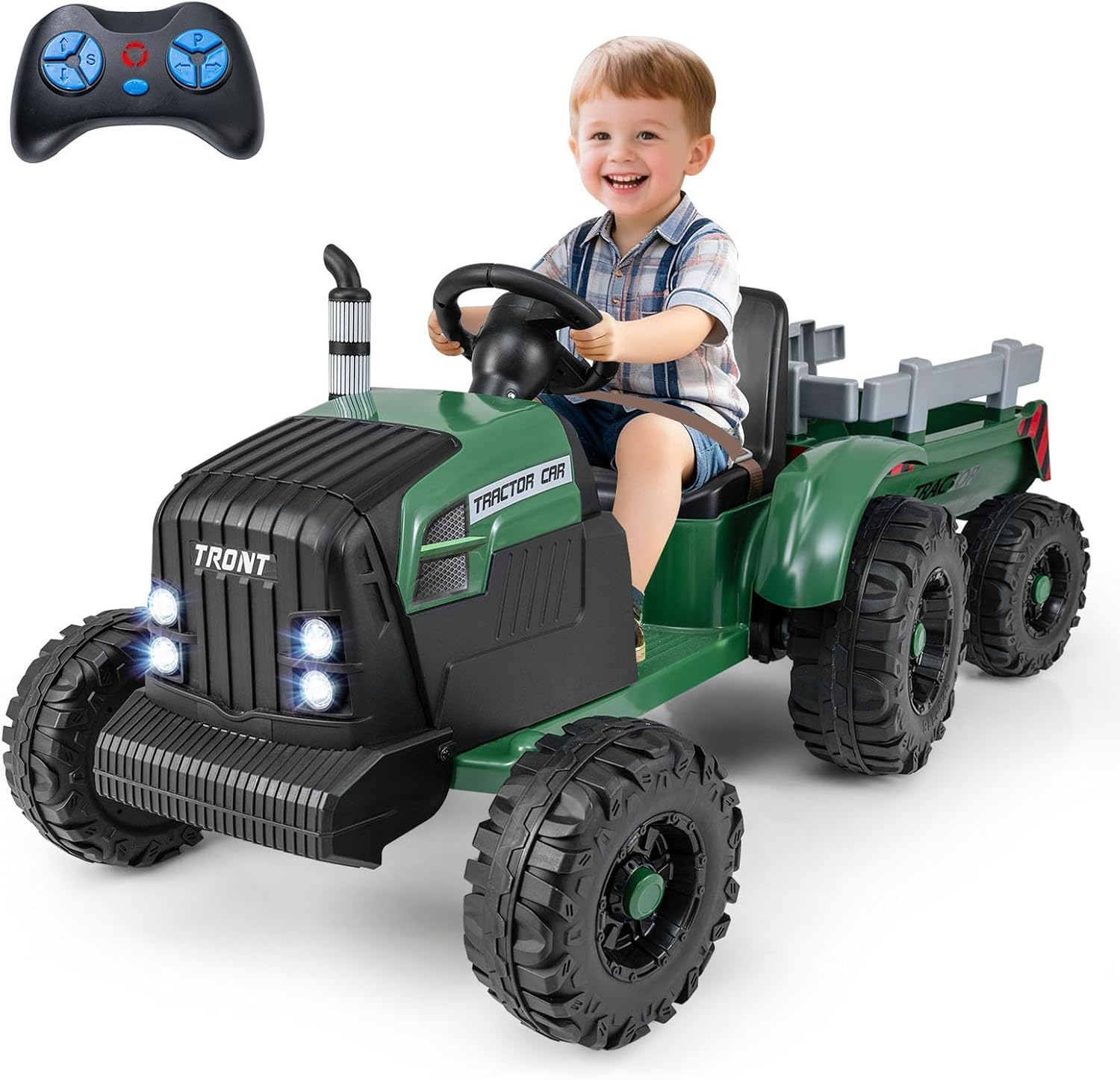 24V Ride on Tractor with Detachable Trailer, Kids' Electric Vehicles with 3 Speeds, 15° Climbing, Wireless Design