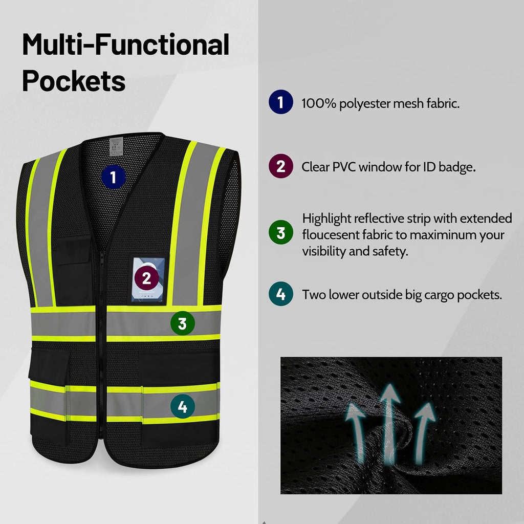 Safety Vest for Men, Hi Vis Reflective Vest with Zipper, Black, L | High Vis Vest with Pockets, Construction Mesh