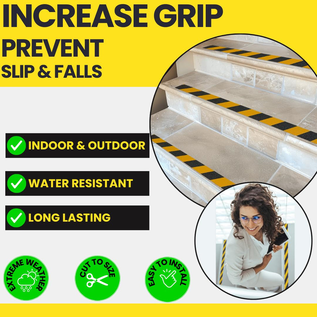Grip Tape - Heavy Duty Hazard Tape Roll - Black and Yellow 2in x 15ft. Waterproof, Non Skid Tape for Stairs & Ramps.