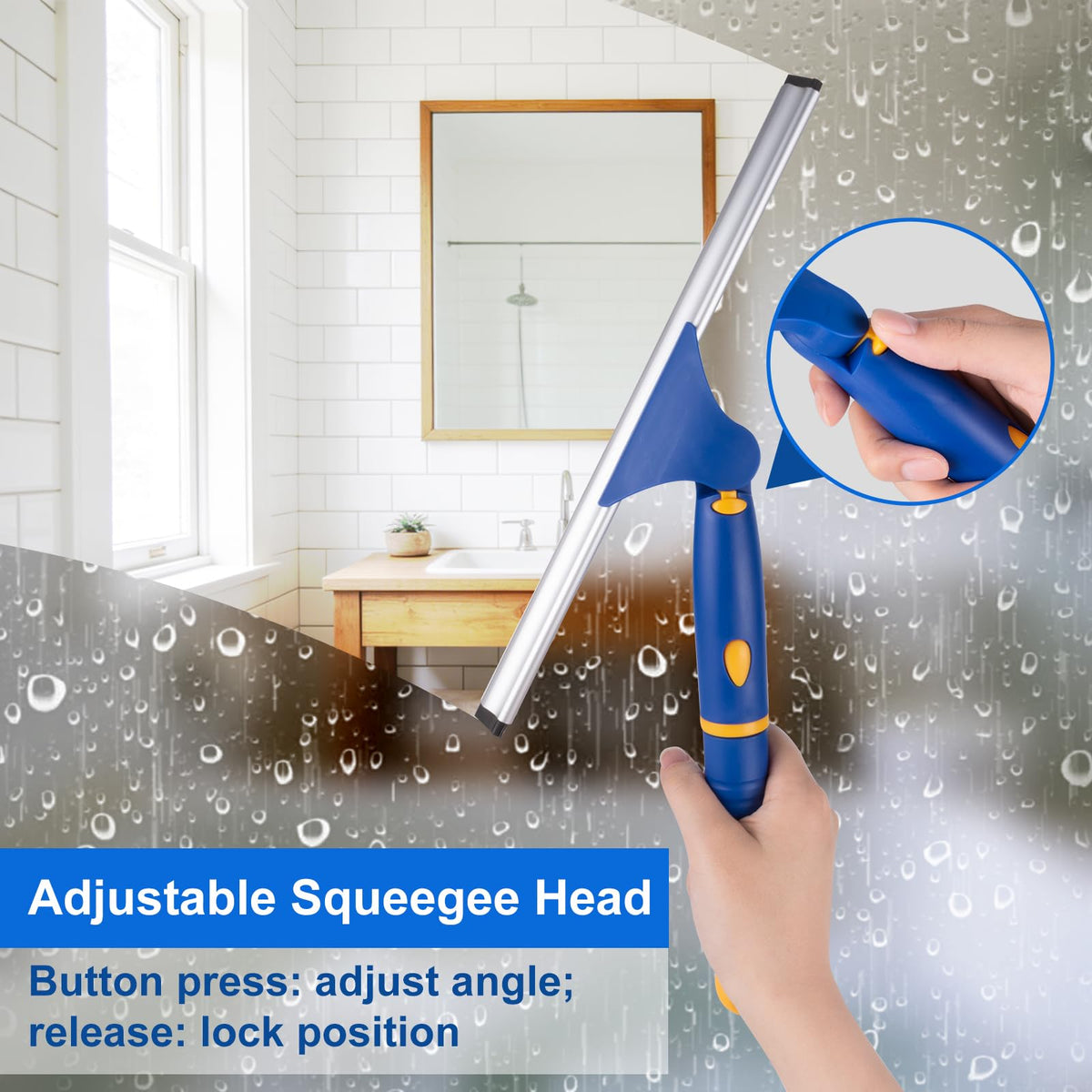 12 inch Rotatable Shower Squeegee for Glass Doors, Multi-Purpose Window Squeegee with Hook & Refill Rubber Blade