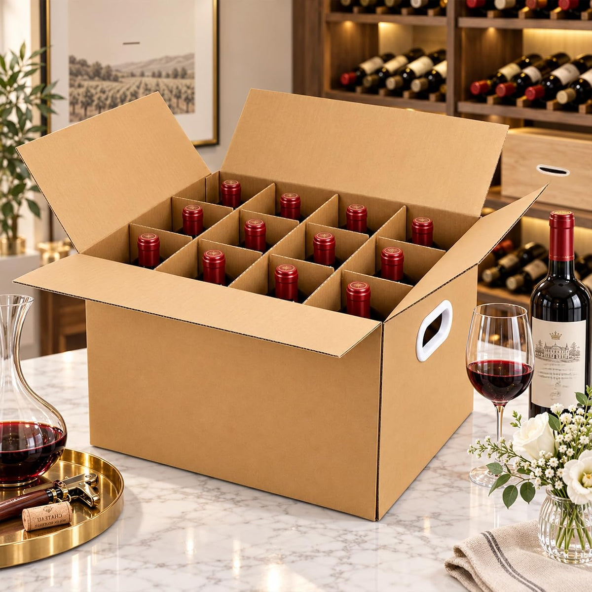 Wine Boxes for Moving, 4 Pack, 3-Ply B-Flute, 12 Compartments