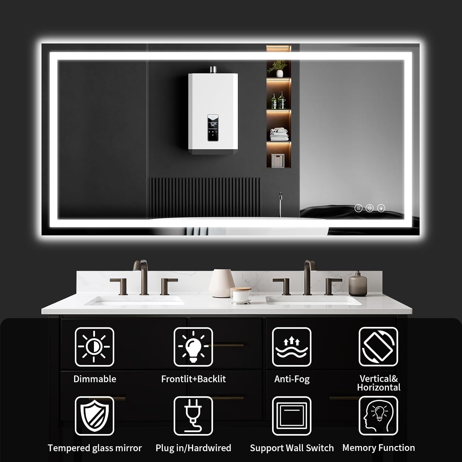 30"x48" LED Bathroom Mirror with Lights | Dimmable，Anti-Fog，Bathroom Vanity Mirror for Wall, Backlit + Front Lit