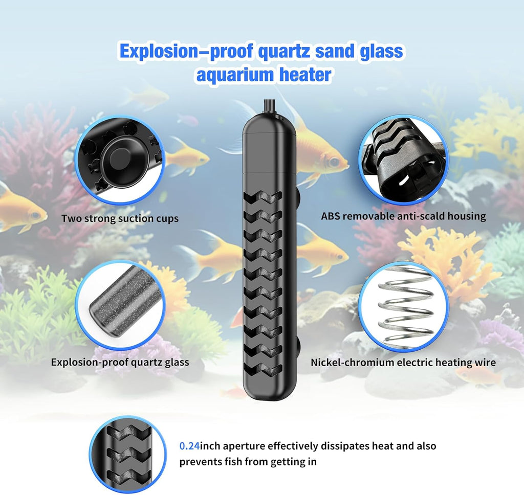 100W Submersible Fish Tank Heater for 10-20 Gallon with Auto Shut-Off When Leaving Water—Aquarium Heater, Dry-Burn &