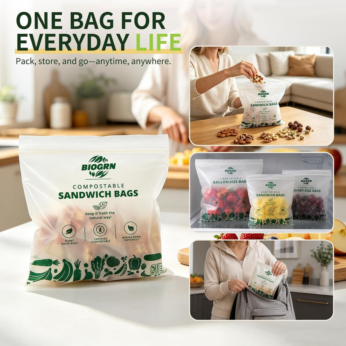 Compostable Gallon-Size Freezer Bags, 25 Count, 2.4 Mil, Extra Thick