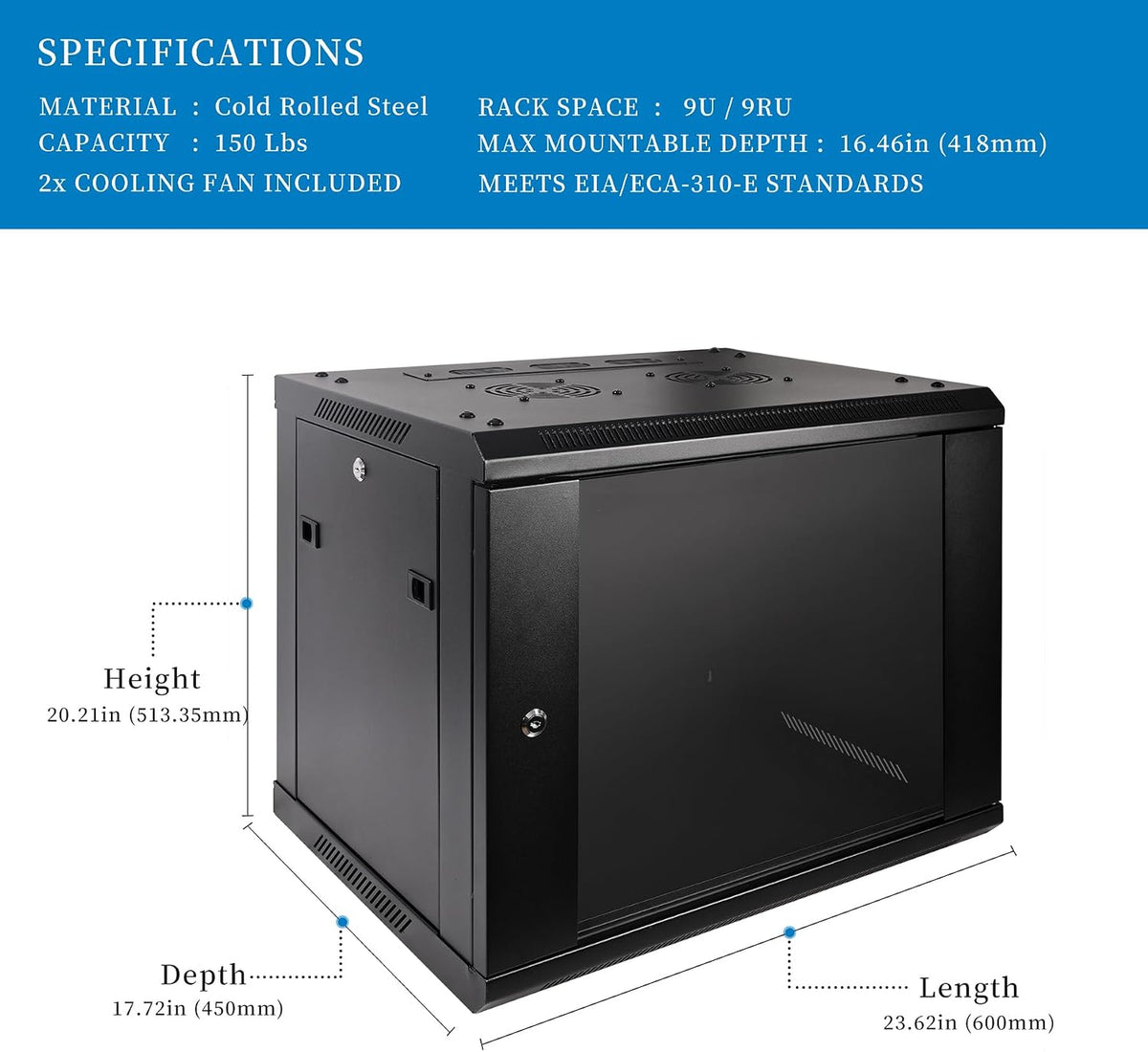 RackPath 9U Professional Wall Mount Server Cabinet Network Rack Enclosure with 2X Quiet Cooling Fan, 1x Brush Cable Management Panel, Black