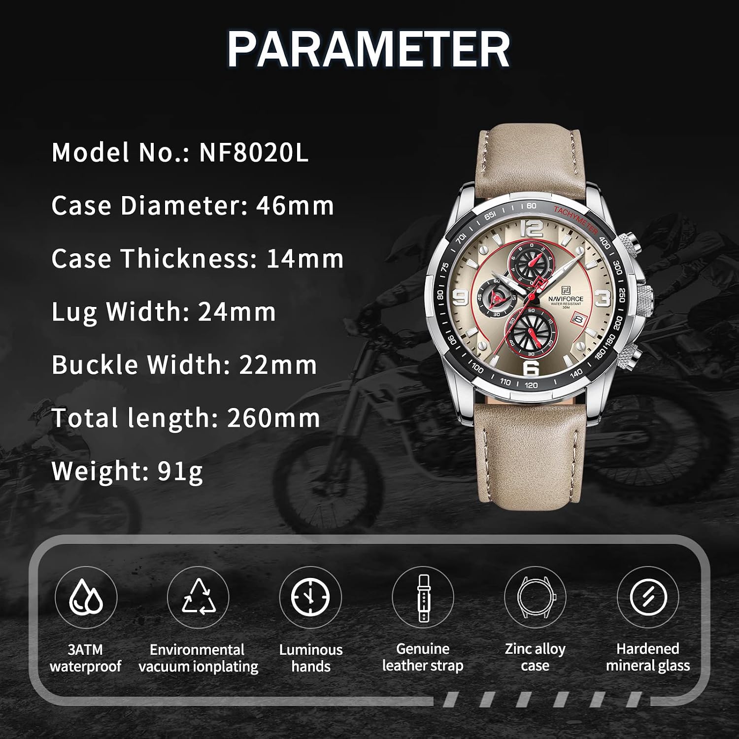 Sport Watches for Men Analog Quartz Chronograph Leather Strap Wrist Watch