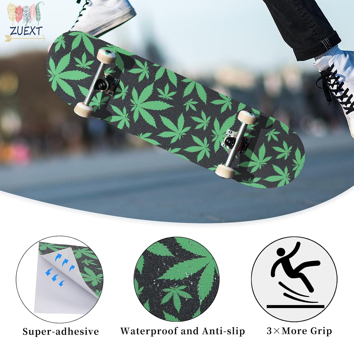 9" x 33" Green Maple Leaf Skateboard Grip Tape 2 Pack (23x84cm) | Bubble Free, Waterproof, Griptape for Scooter