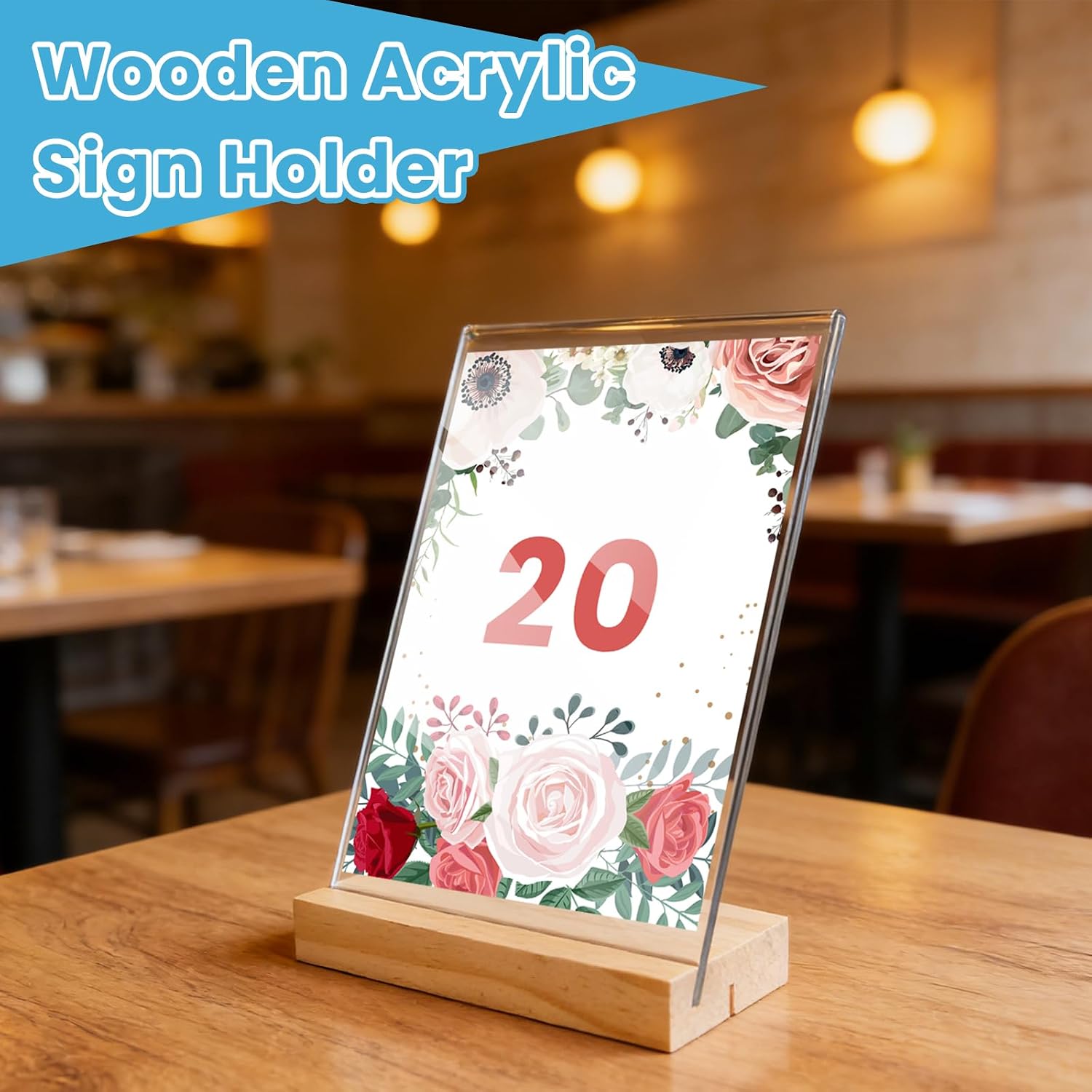 3 Pack 4"x6" Acrylic Sign Holder with Wood Base, L/T Shape Vertical or Slant Back Display, Clear Plastic Flyer