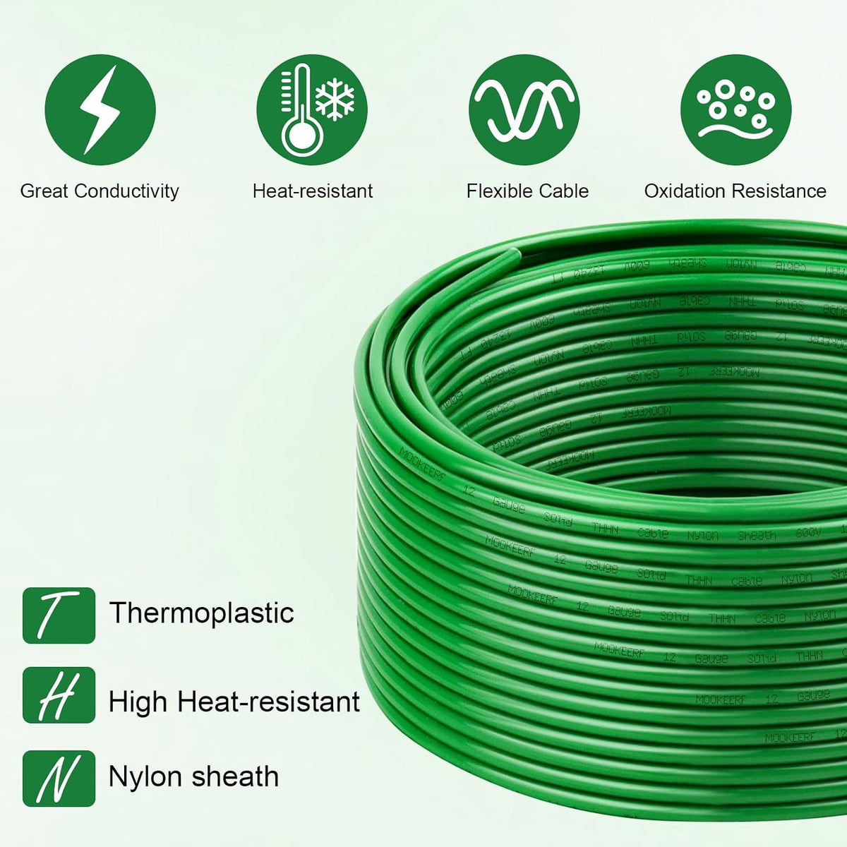 THHN Wire 12 Gauge 50FT - OFC Solid Copper 10 AWG Electrical Building Wire 600V with Nylon Jacket and PVC Insulation