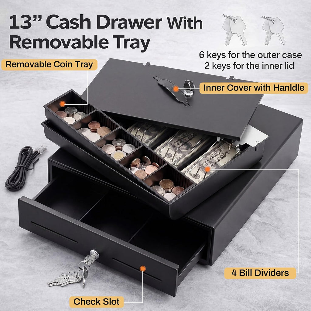 13 Inch Cash Register Drawer with Lockable Cover & Removable Tray, Heavy Duty POS Cash Drawer for Small Business, 4