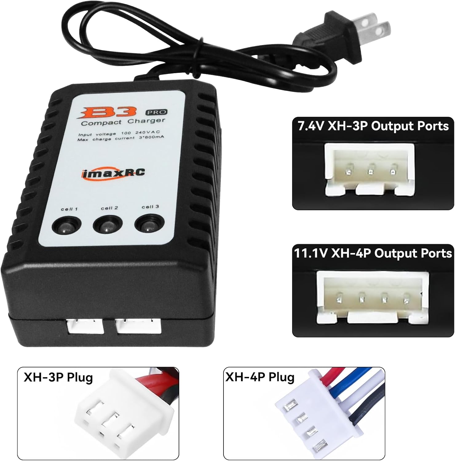 B3 Lipo Battery Charger - 2S 3S RC Balance Chargers AC 7.4-11.1V 10W with XH3P XH4P Plug for RC Car Batteries Drone