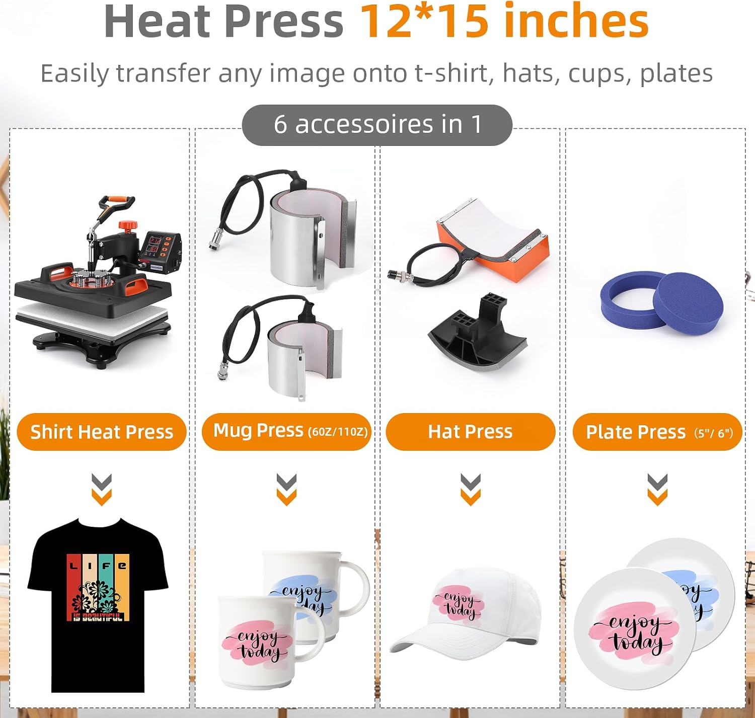 Heat Press Machine 12 X 15 inch, 6 in 1 Shirt Printing Heat Transfer Machine 360° Swing Away, Digital
