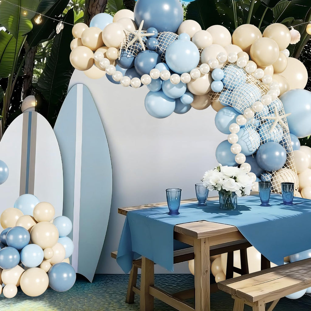 Blue Beach Balloon Arch Kit, 140Pcs Blue and White Balloon Arch Kit Including Dusty Light Blue Pearl White Sand White