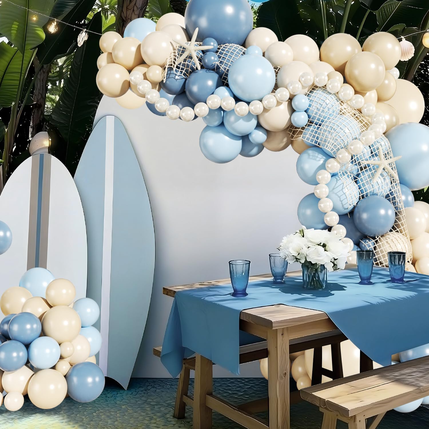 Blue Beach Balloon Arch Kit, 140Pcs Blue and White Balloon Arch Kit Including Dusty Light Blue Pearl White Sand White