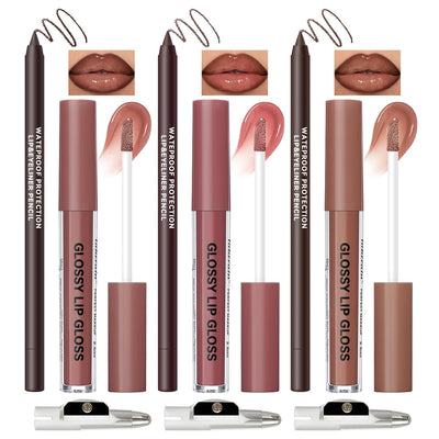 6pcs Natural Nude Lip Combo Sets, Moisturizing High Shine Lip Kit with Creamy Brown Lip Liner and Long Lasting