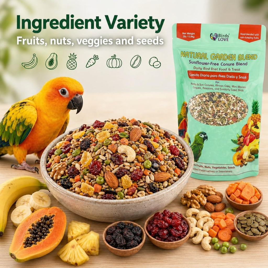 Natural Garden Blend Conure Food, Sunflower Free Bird Seed Mix with Fruits, Nuts, Vegetables and Seeds, All Natural