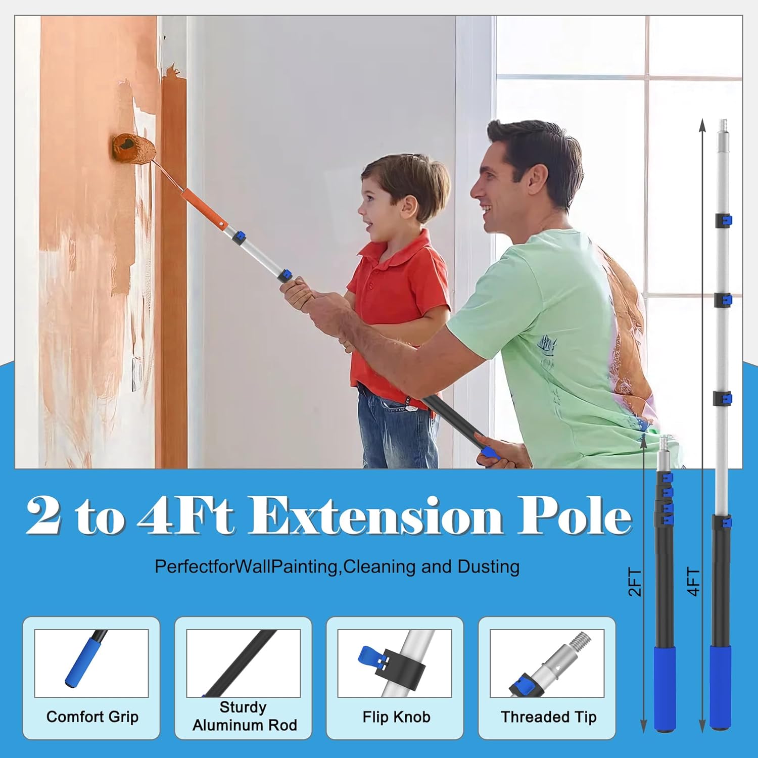 Paint Roller Kit with Extension Pole, 2-4FT Adjustable Pole, Professional 27-Piece Paint Kit, 4"9" Paint Rollers