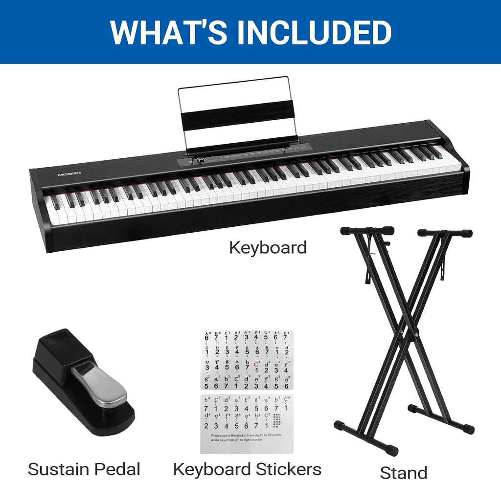 MOSEN Digital Piano 88-Key Weighted Keyboard with Hammer Action, Portable Electric Piano Set with X Stand, Recording
