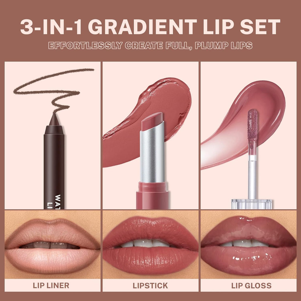 3PCS Lip Combo Set, Brown Matte Lip Liner + Hydrating Tinted Lip Balm + Plum Cherry Juicy Lip Gloss Tint, High-Shine