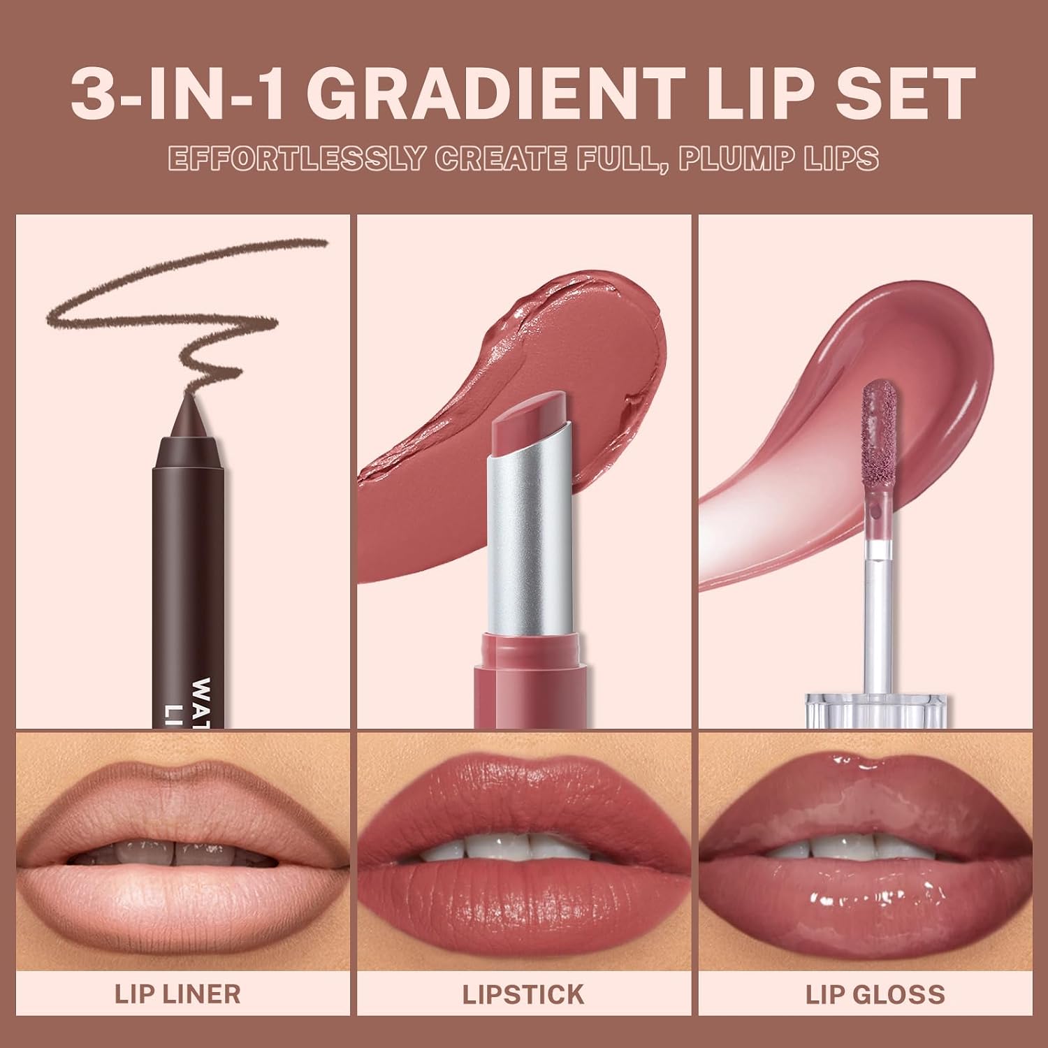3PCS Lip Combo Set, Brown Matte Lip Liner + Hydrating Tinted Lip Balm + Plum Cherry Juicy Lip Gloss Tint, High-Shine