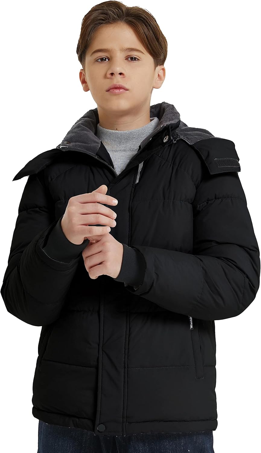 Boys Puffy Winter Coats Fleece-Lined Snow Jackets Removable Hood | Elastic Cuffs, Hook-and-Loop Collar, Windproof