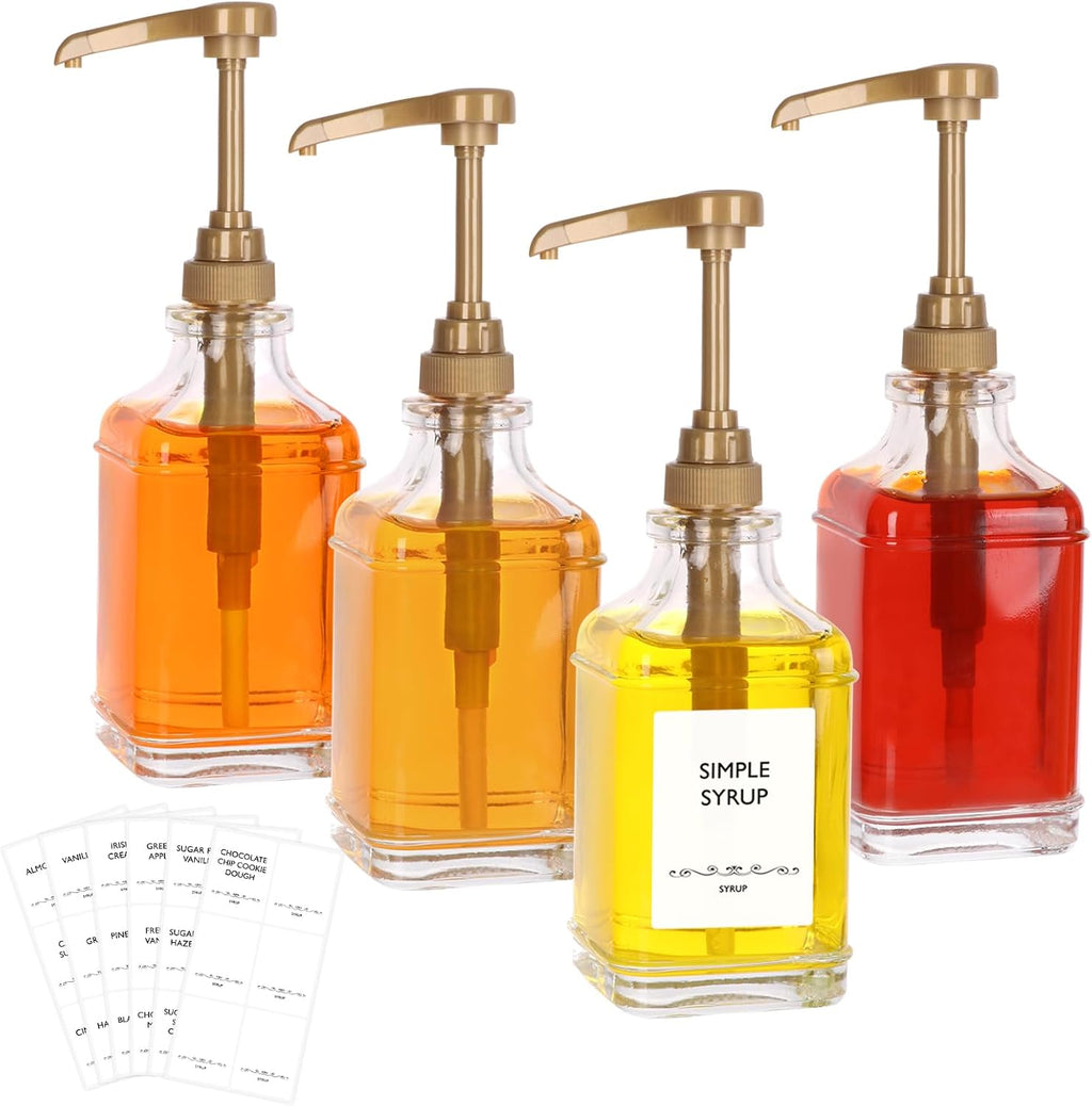 16 oz Coffee Syrup Dispenser with Pumps Set, 4 Leak-Proof Glass Bottles