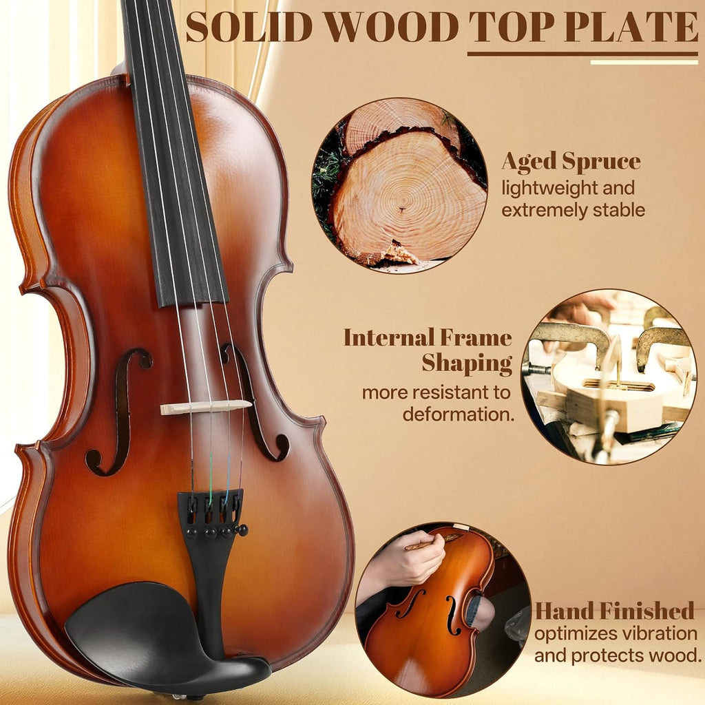 Violin 4/4 Full Size Starter Kit for Students Beginners Adults, Quality Ebony Acoustic Fiddle Set with Hard Case
