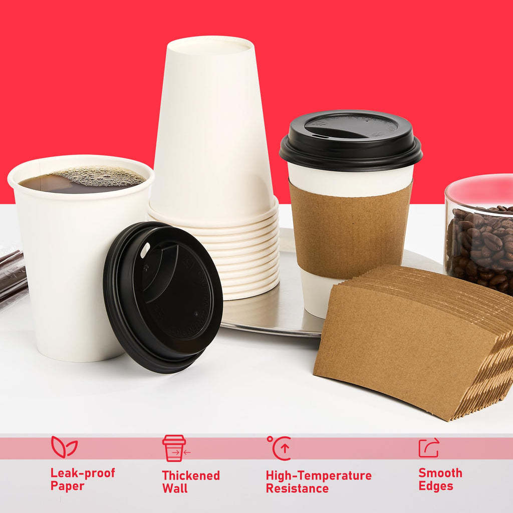 12 oz Paper Coffee Cups with Lids, Sleeves and Sticks 100 Pack