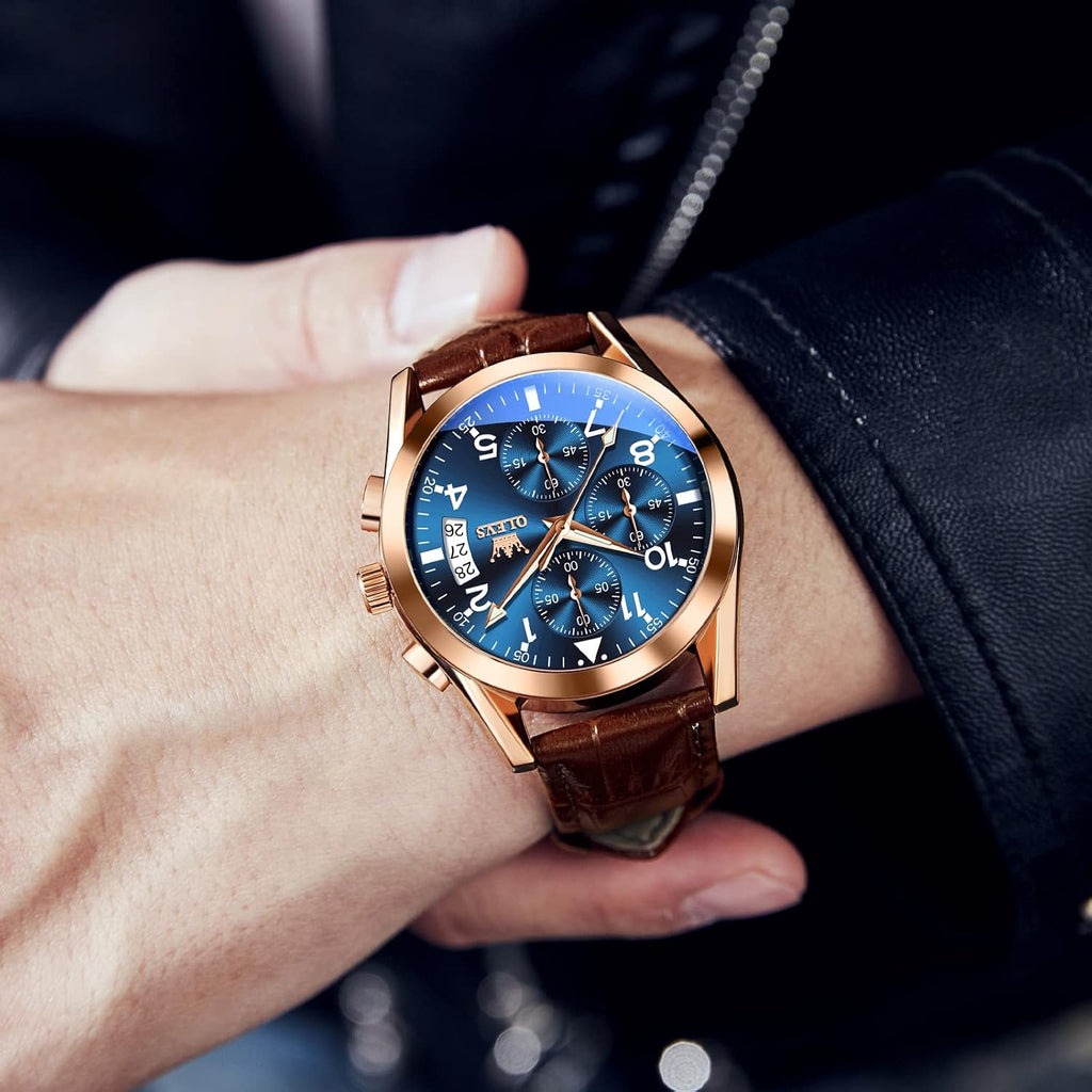 Watches for Men Case Waterproof Watches Leather Band Day Date Mens Watch Analog Quartz Chronograph Wristwatches