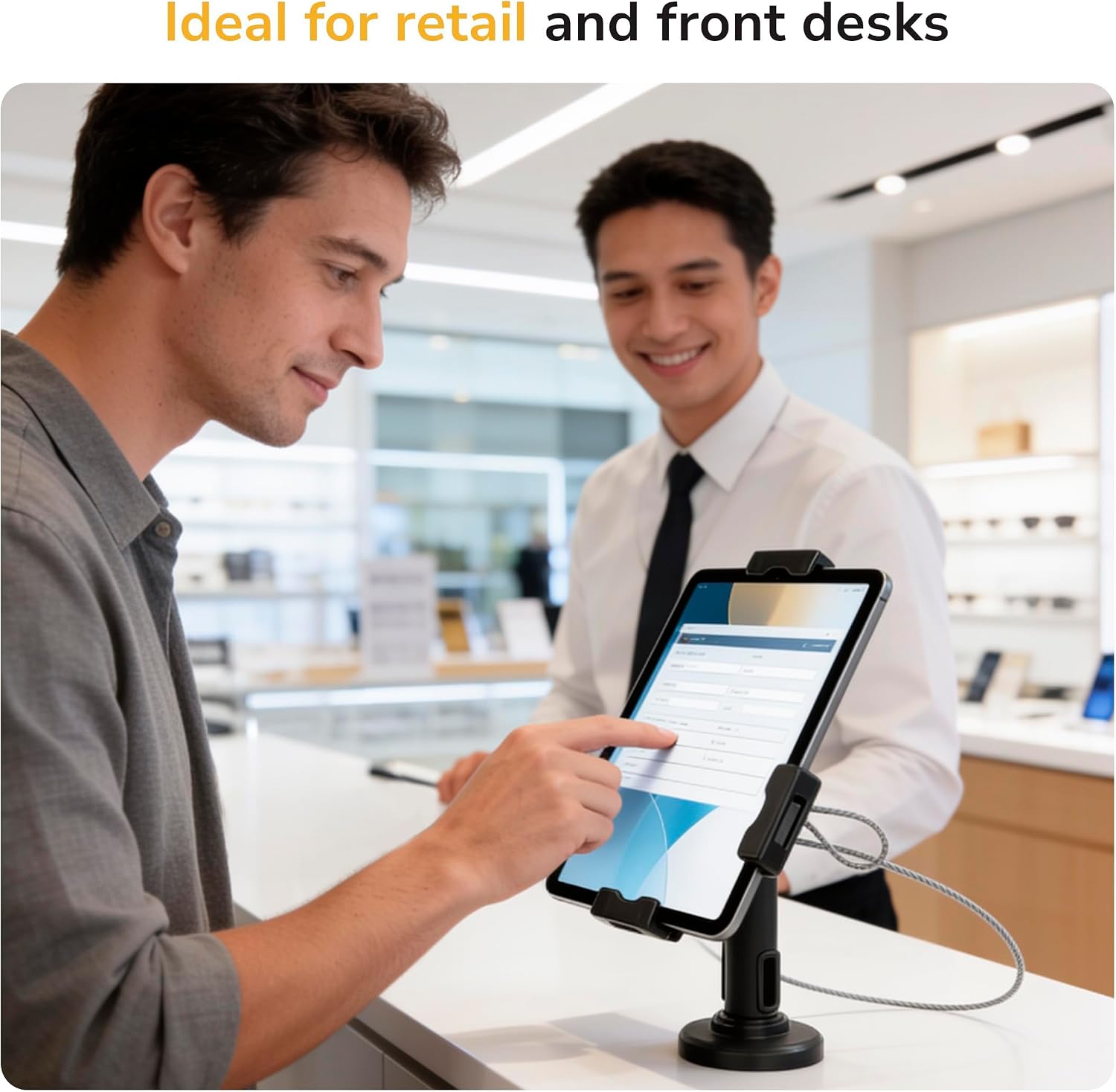 Universal Tablet POS Kiosk Stand with Cable Lock & Wall Mount Bracket, Adjustable Clamp for 7.9"–11" Tablets (Fits