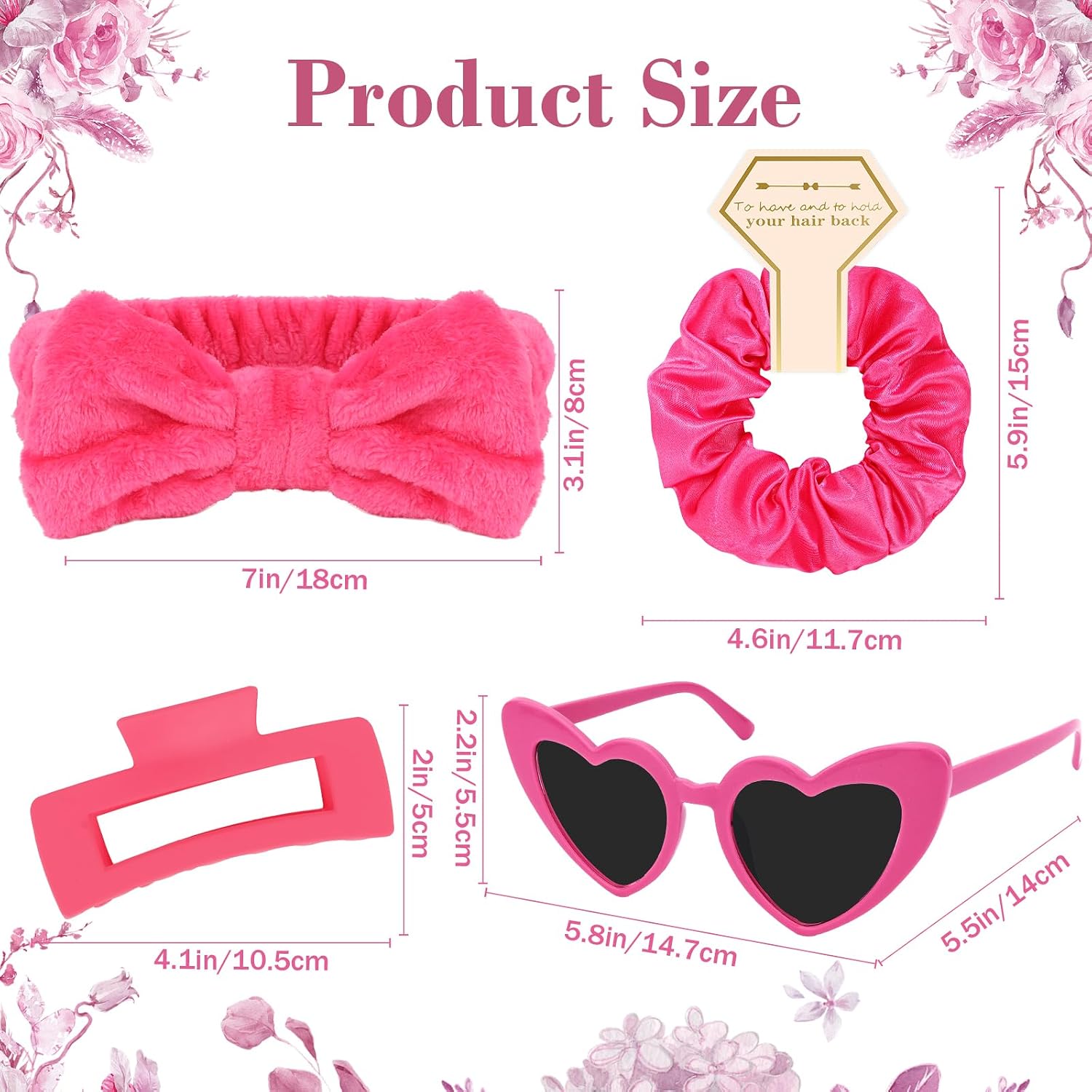 4 Pcs Hot Pink Bridesmaid Proposal Gifts Bridesmaid Spa Headband, Hair Claw Clips, Heart Shaped Sunglasses and Smooth