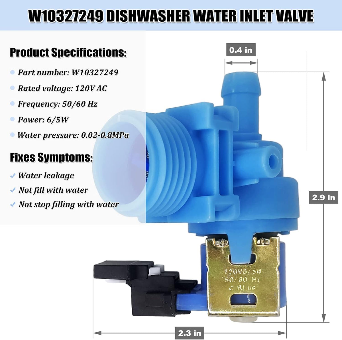 WPW10327249 Dishwasher Water Inlet Valve Replacement for Whirlpool, Kenmore, KitchenAid, Maytag - Replaces W10316814, W11130743, AP6019618, EAP11752927, PS11752927