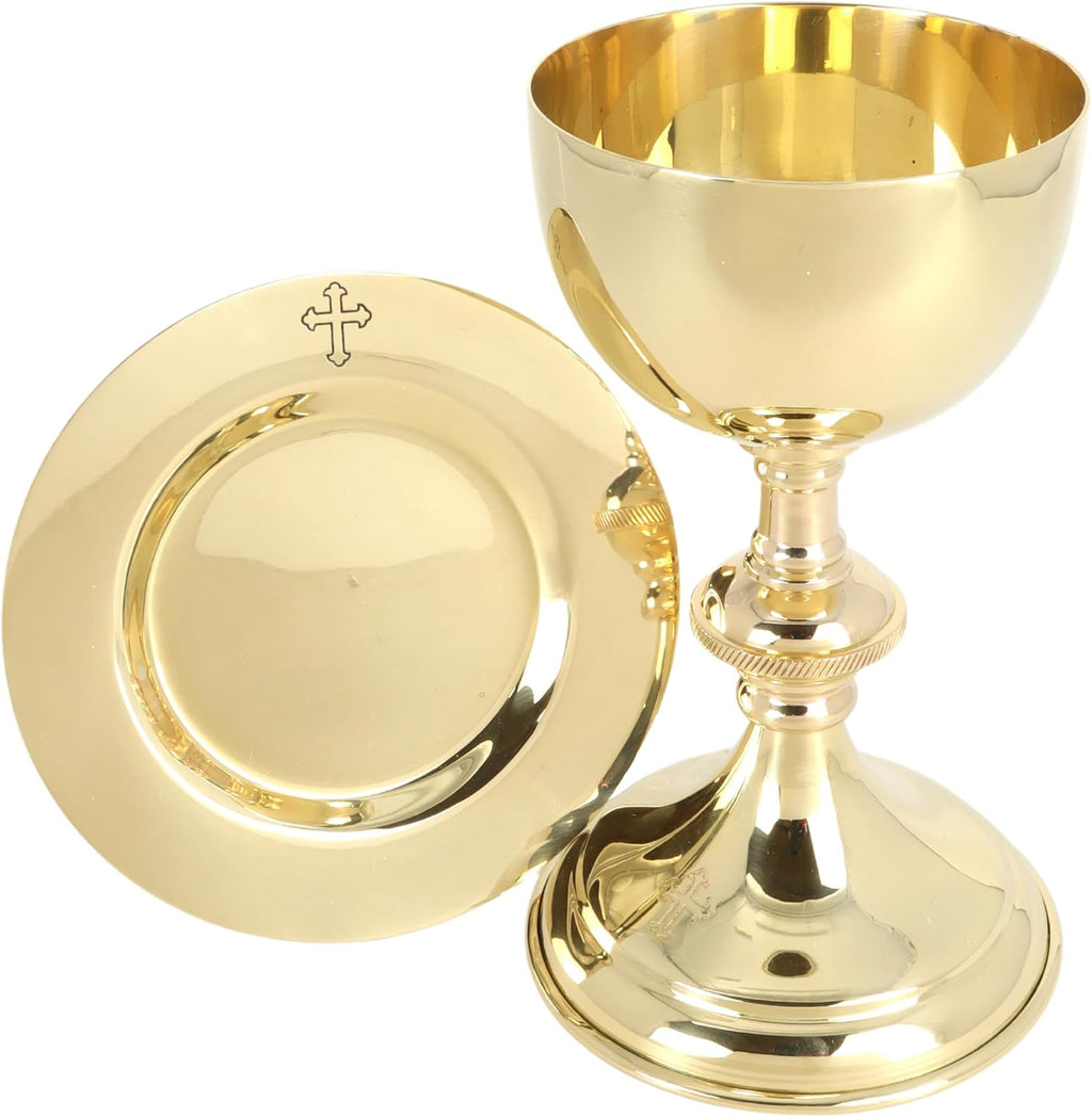Small Brass Chalice and Paten Set, Religious Sacramental Cup with Dish for Church Communion, 6 by 3.75 Inch Goblet