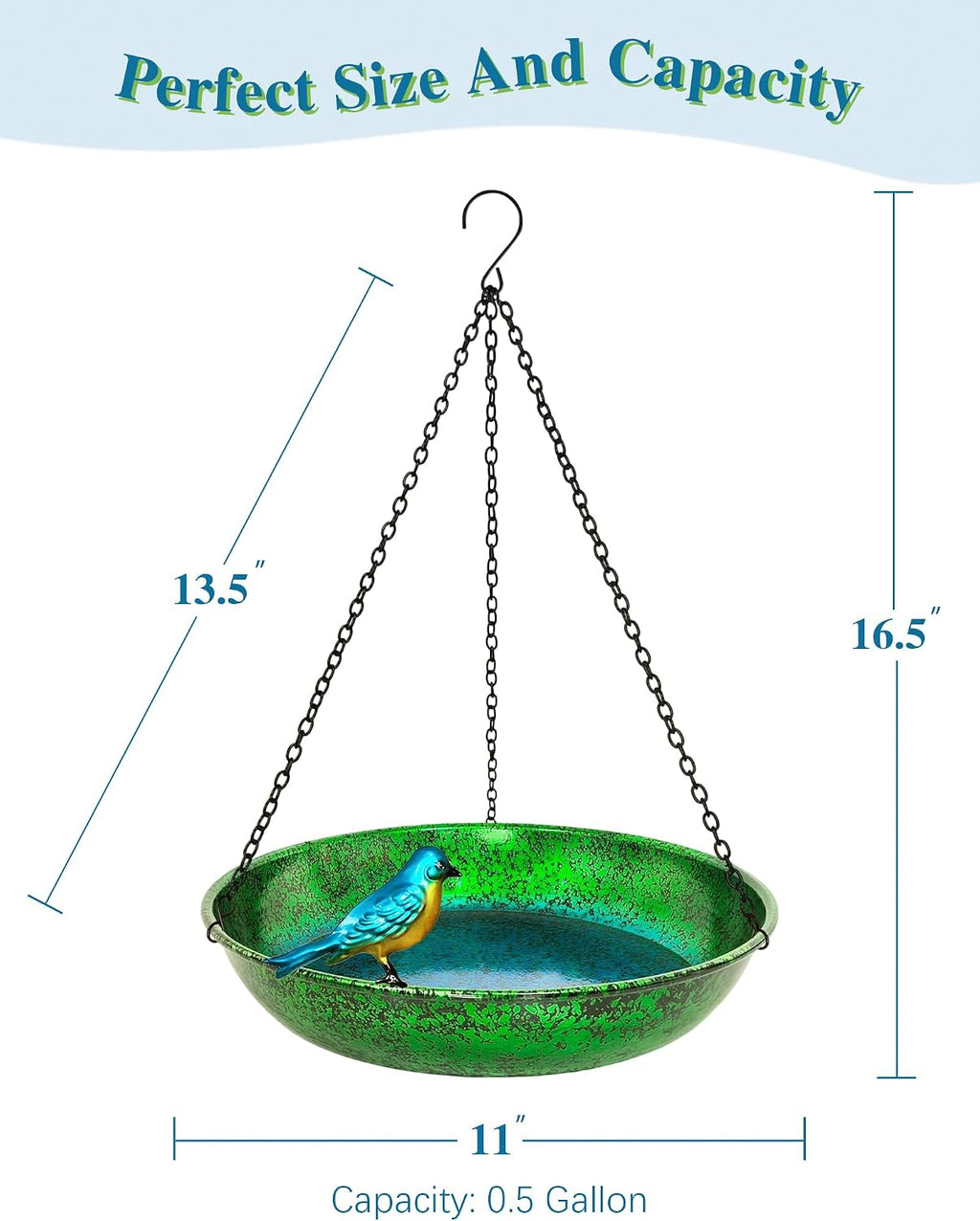 Hanging Bird Bath for Outside, 11" Green/Blue Metal Birdbath & Feeder Bowl