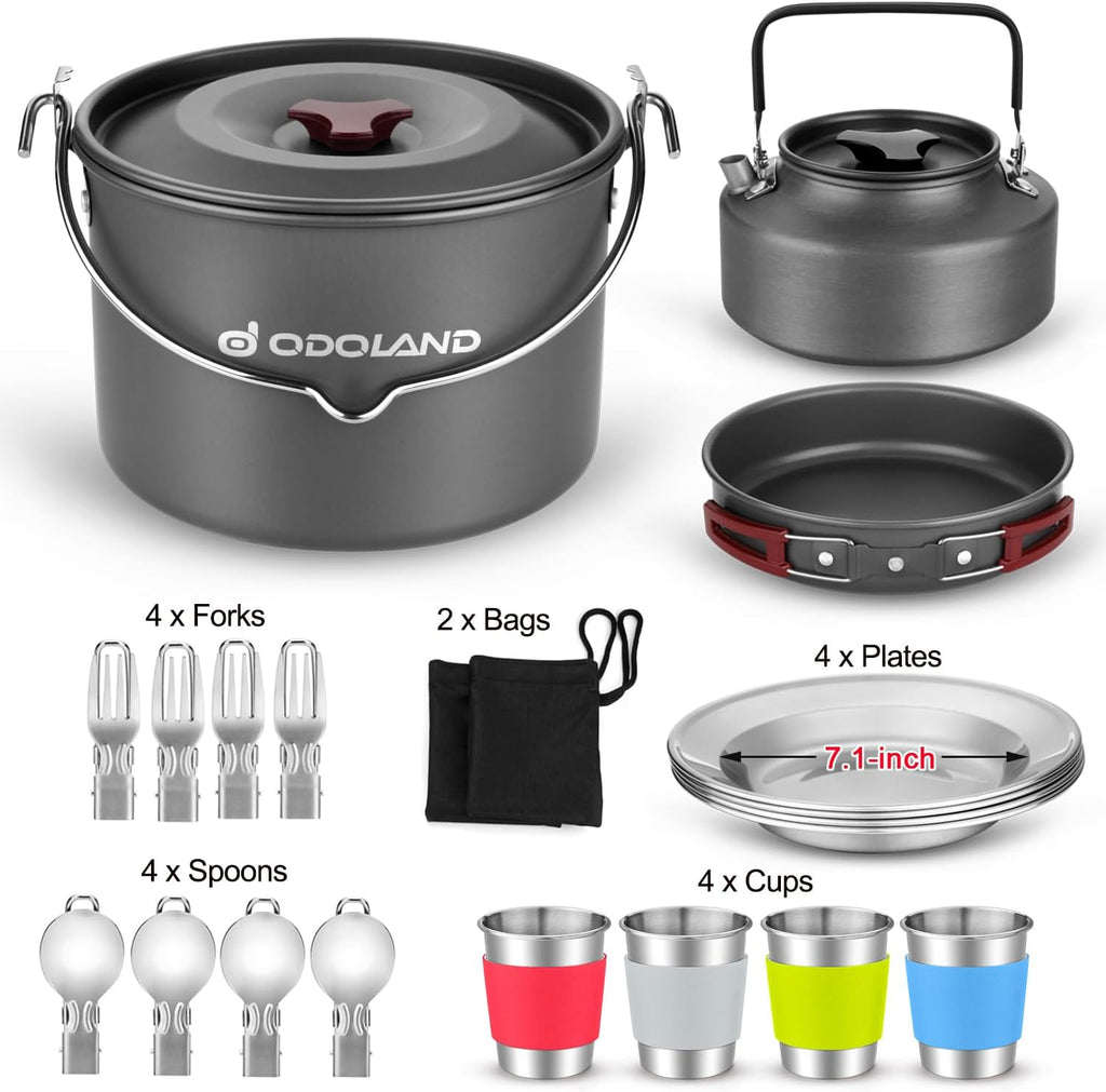 22pcs Camping Cookware Mess Kit, Large Size Hanging Pot Pan Kettle with Base Cook Set for 4, Cups Dishes Forks Spoons