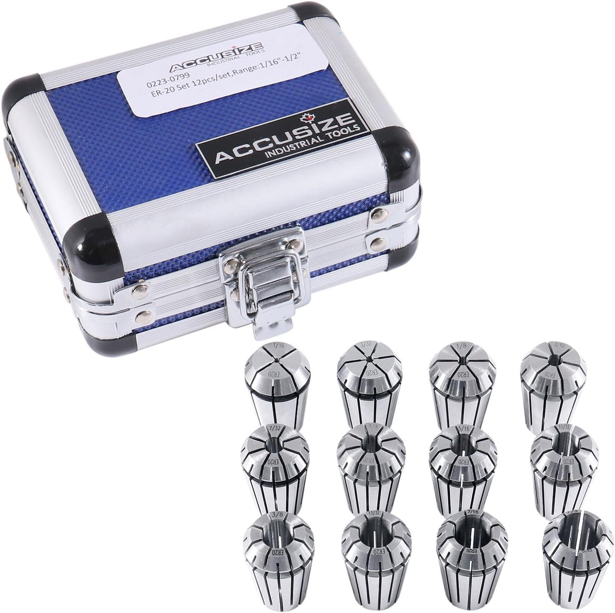Accusize ER20 Collet Set, 1/16in-1/2in, 12Pc, 0223-0799