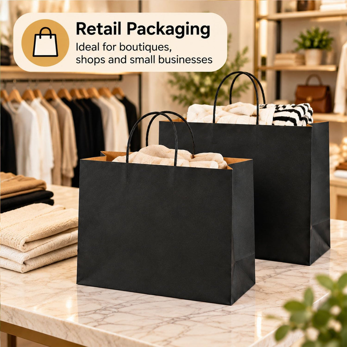Large Kraft Paper Bags with Handles Bulk for Shopping,70 Pack,Black