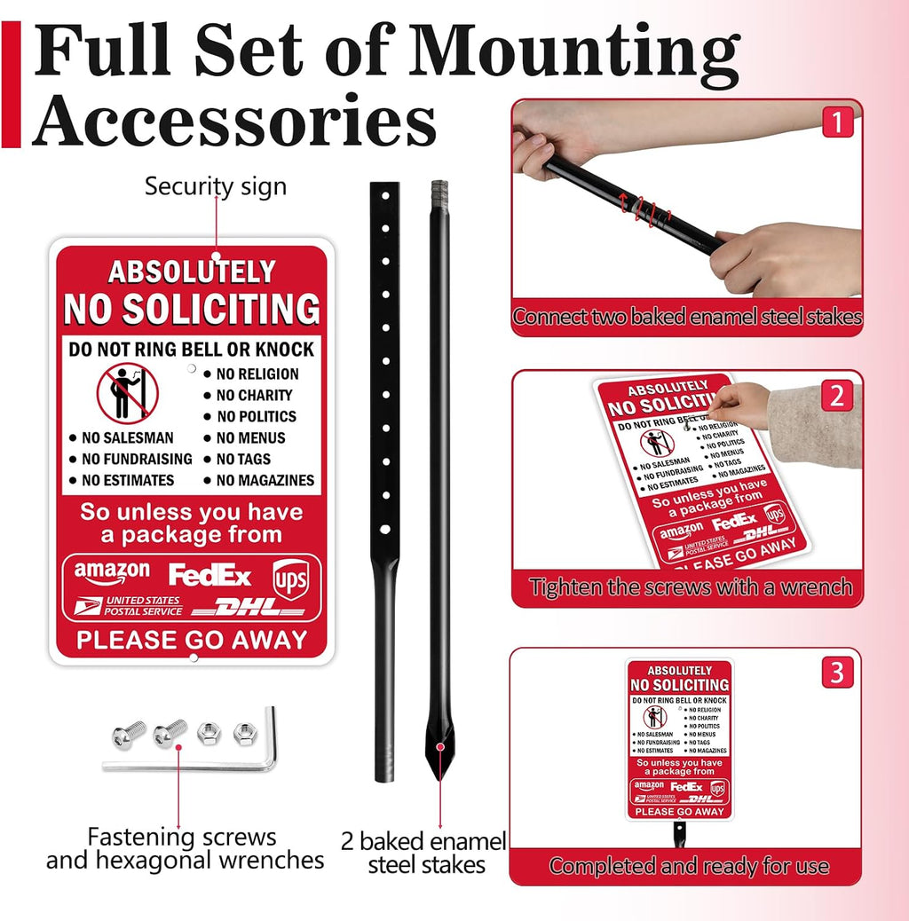 14" x 10" Large No Soliciting Sign with 36" Heavy Duty Steel Stake | Absolutely No Soliciting No Religious Aluminum
