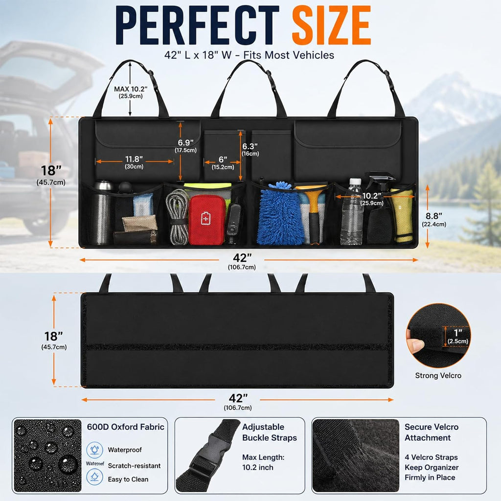Car Trunk Organizer, Large Capacity Backseat Trunk Storage Organizer with 8 Pockets, Foldable SUV Cargo Organizer for
