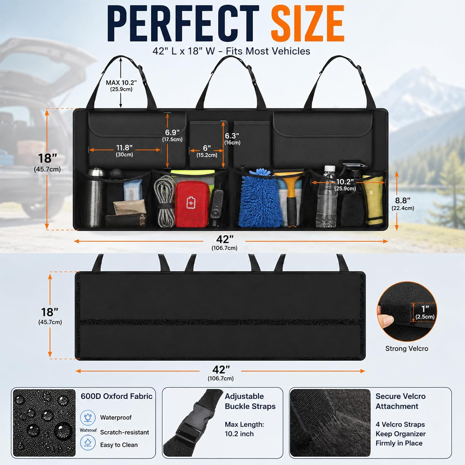 Car Trunk Organizer, Large Capacity Backseat Trunk Storage Organizer with 8 Pockets, Foldable SUV Cargo Organizer for