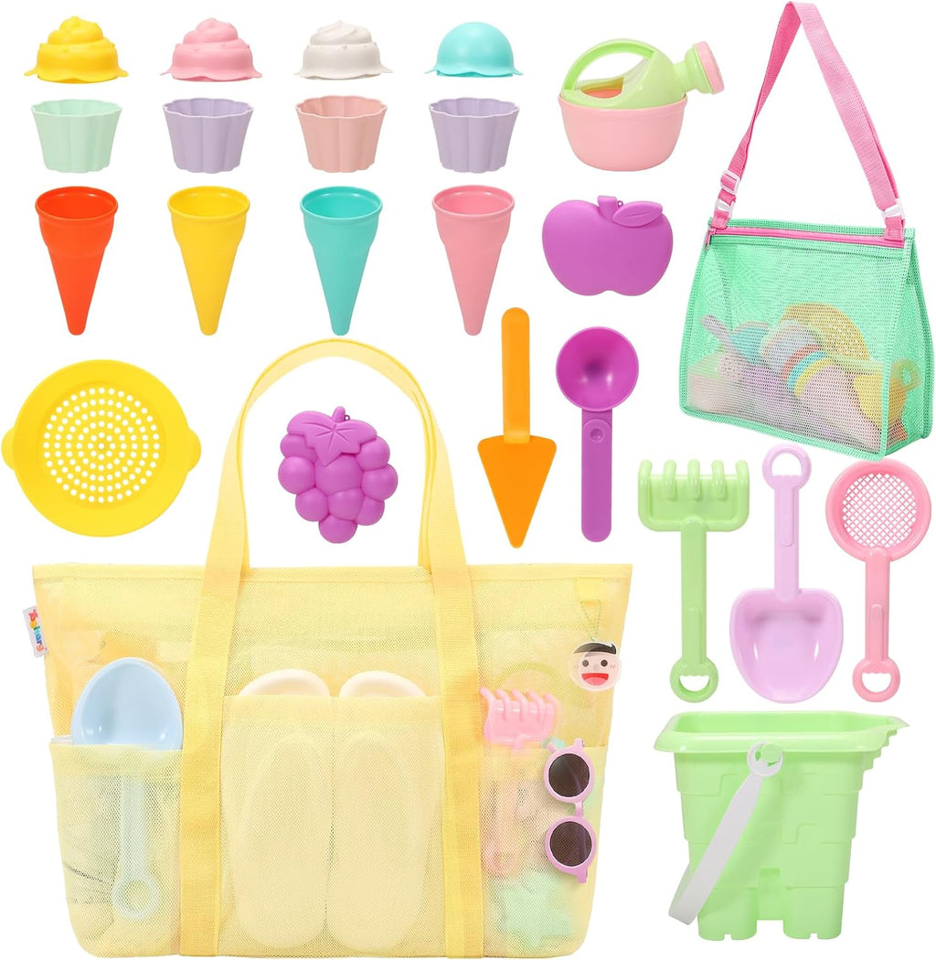 Beach Toys for Kids and Mesh Beach Bag with Zipper, Large Beach Tote with 8 Pockets, Sand Toys Storage Pool Bag Beach