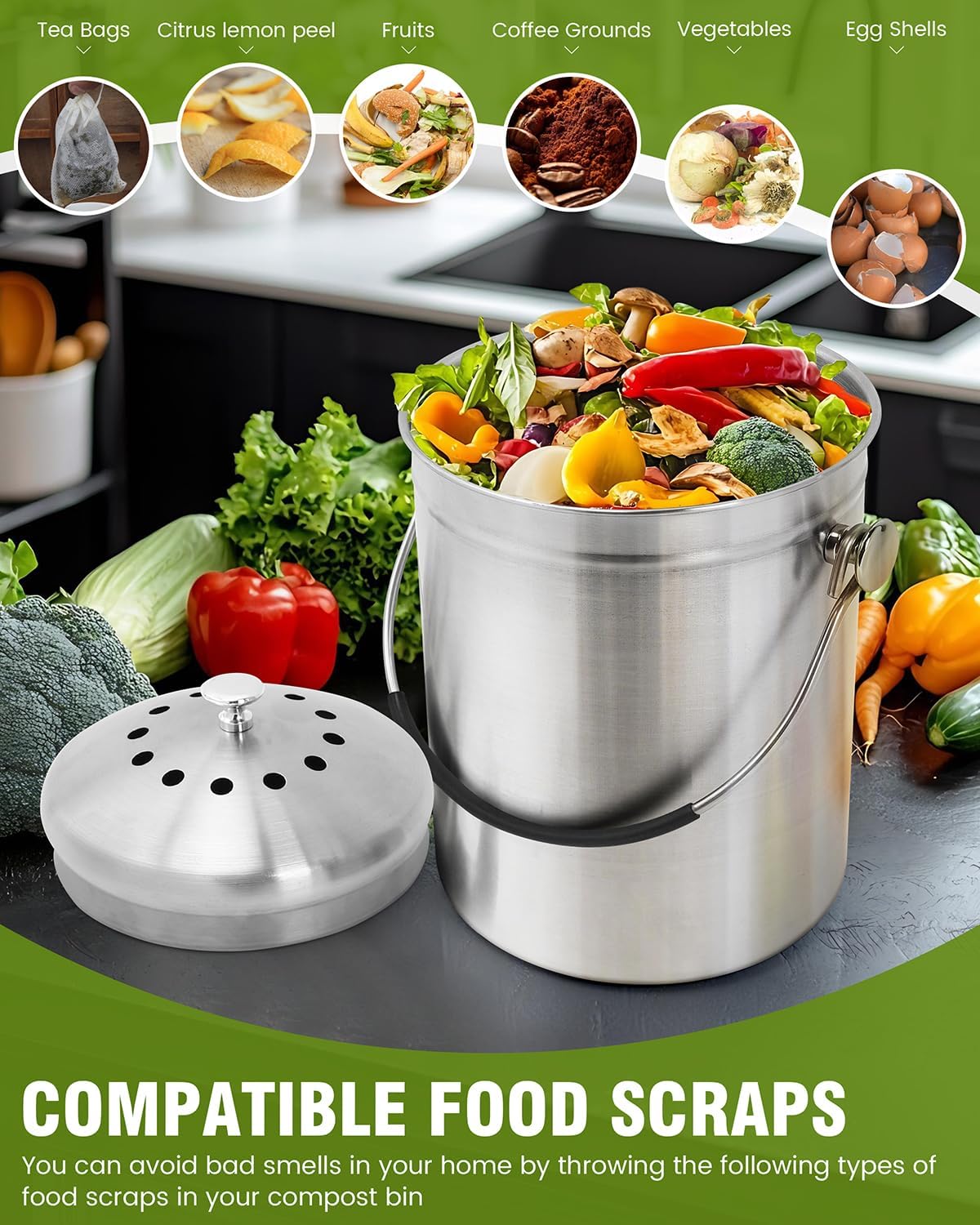 Countertop Compost Bin Kitchen Stainless Steel 1.3 Gallon | With Lid, 2 Charcoal Filter for Odorless Composting
