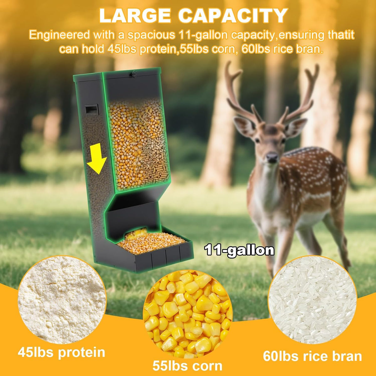 11 Gallon Deer Feeder, Hanging Metal Gravity Dispenser, Waterproof
