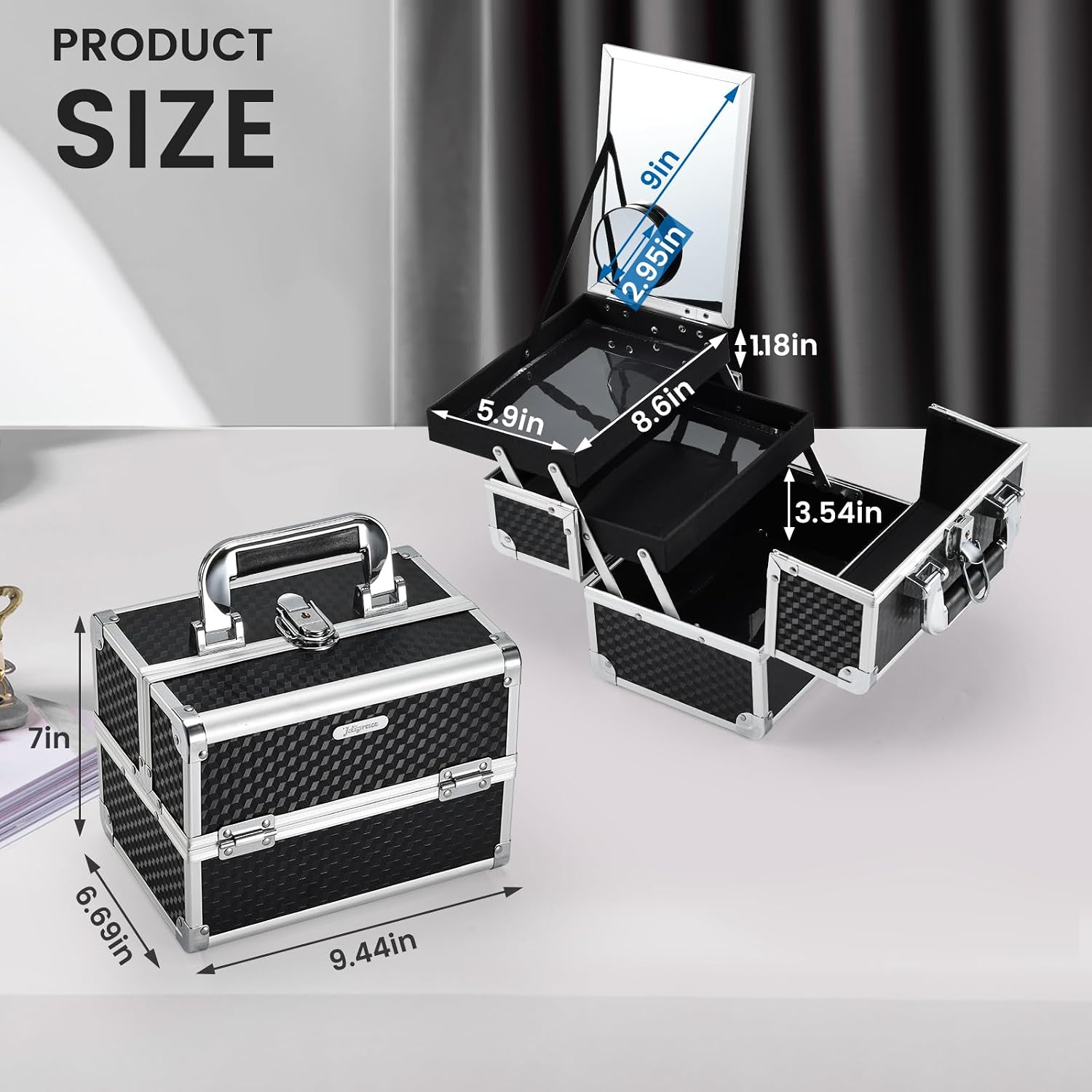 Makeup Box Cosmetic Train Case Portable Makeup Organizer Case with Mirror 2 Tray Make up Storage Case for Nail Teach