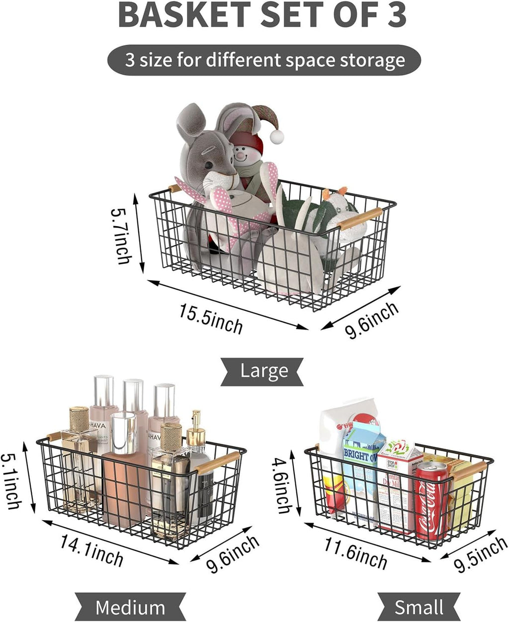 Wire Storage Baskets with Wooden Handles, 3 Pack Metal Organizer Baskets for Kitchen, Pantry, Freezer