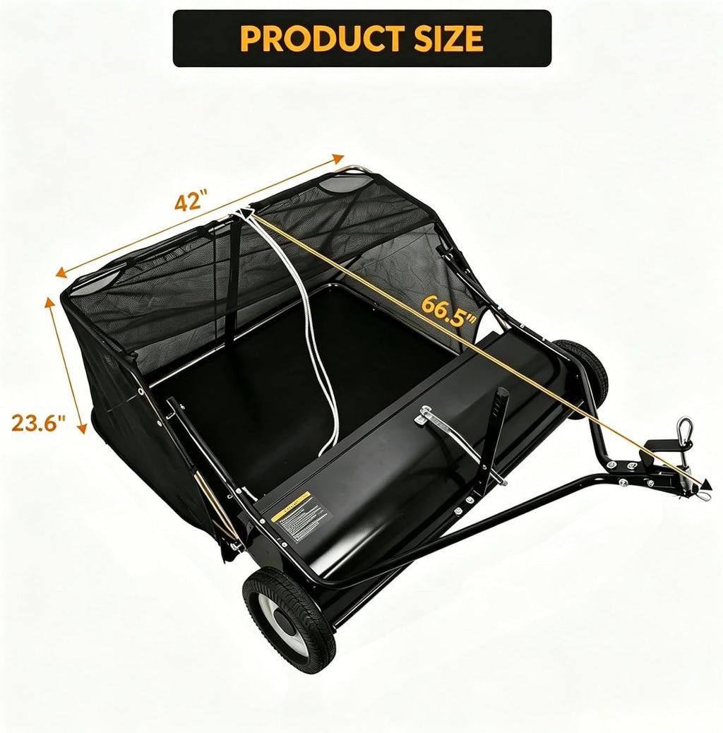 42" Large Capacity Pull Behind Lawn Sweeper with Adjustable Sweeping Height - Leaf & Grass Collector with Dumping