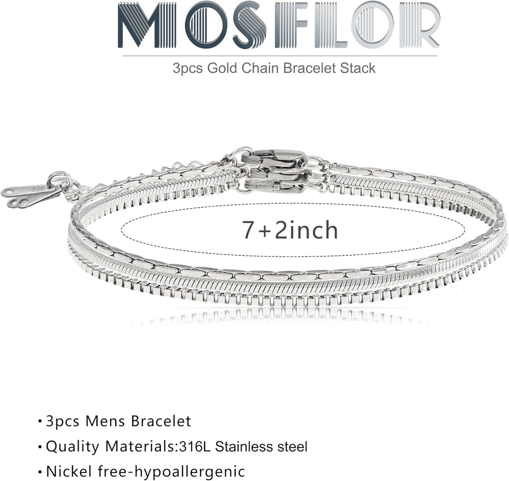 Mens Bracelet - Dainty Gold/Silver Chain Bracelet Stack 14K Gold Plated Silver Bracelets for Men Stainless Steel