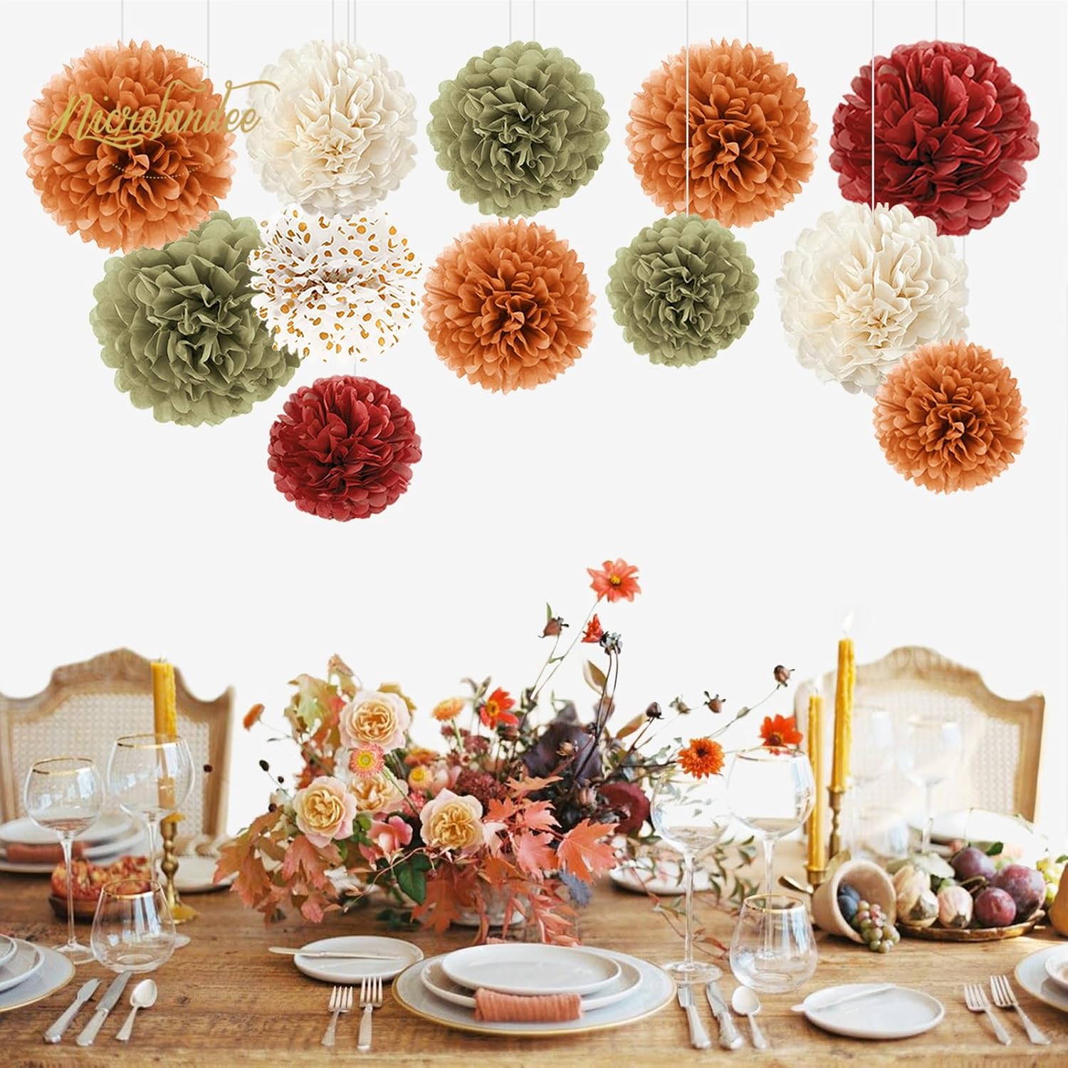 Fall Party Decorations, 12 PCS Pumpkin Orange Burgundy Sage Green Ivory Tissue Pom Poms Thanksgiving Decor for Home
